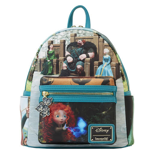 Teal backpack featuring different scenes from Disney's Brave on each panel of the bag.